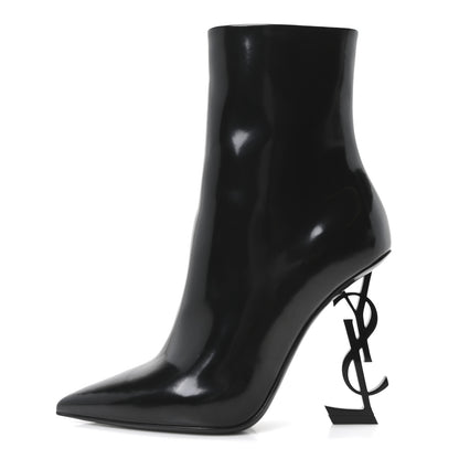 Saint Laurent Glazed Calfskin Opyum Ankle Boots 37.5 Black 1 of 10