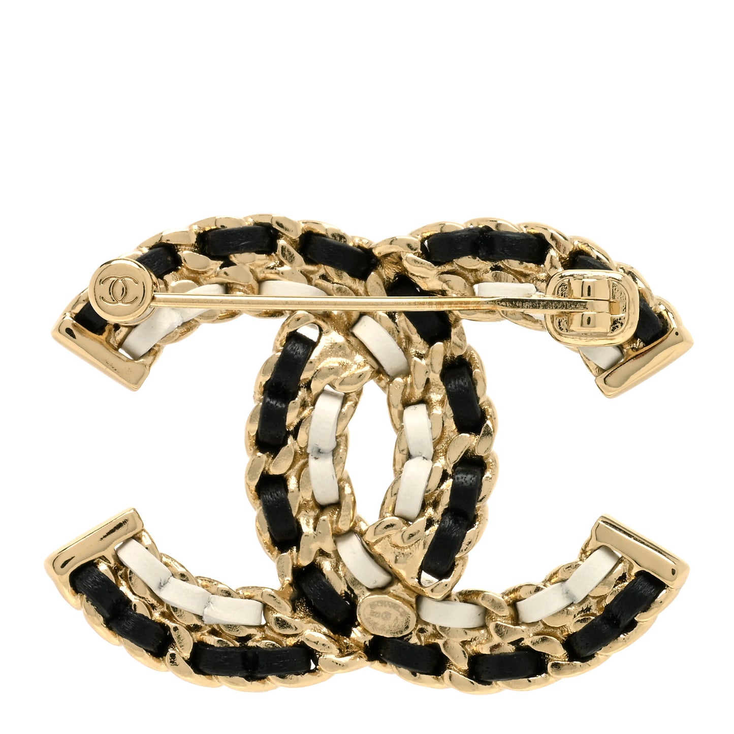 Lambskin Chain CC Brooch Black White Gold