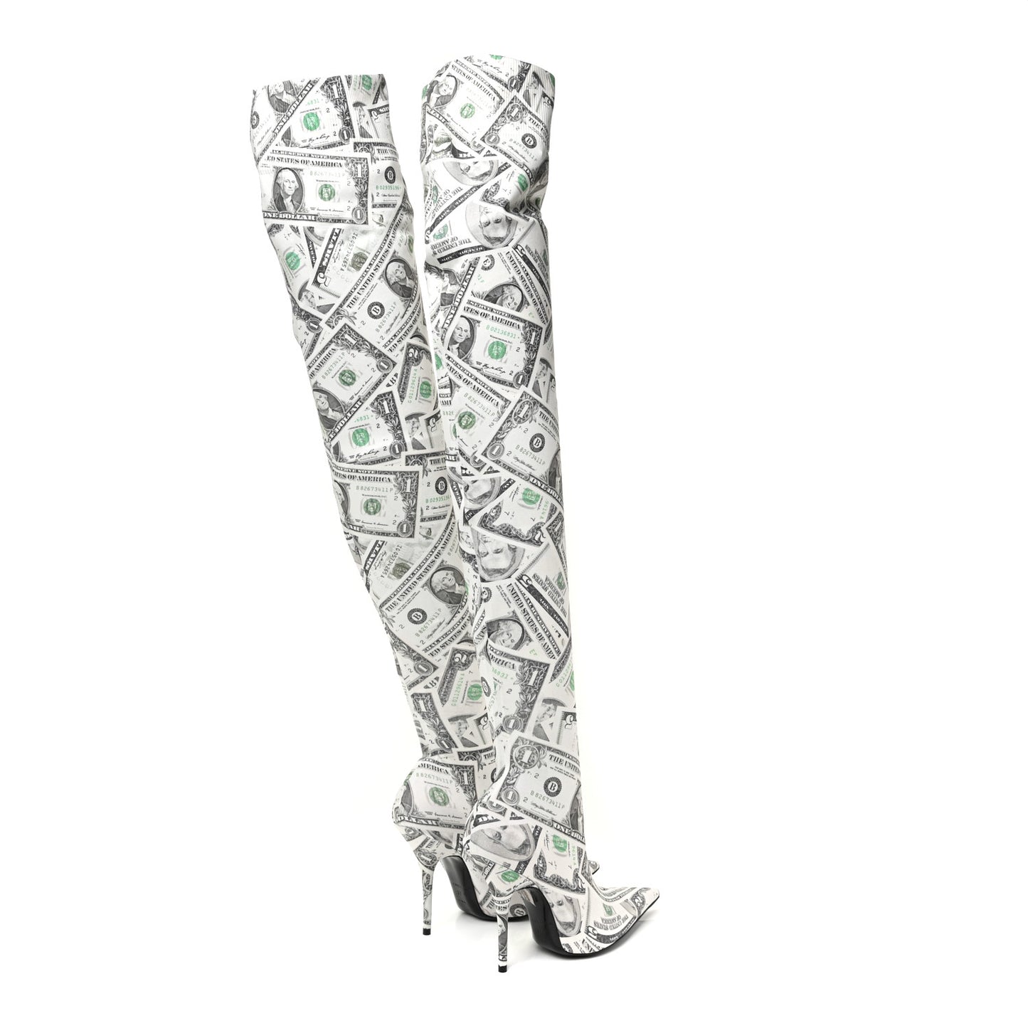 Spandex Dollars Print Pointed Toe Knife Thigh High Boots 37 Green