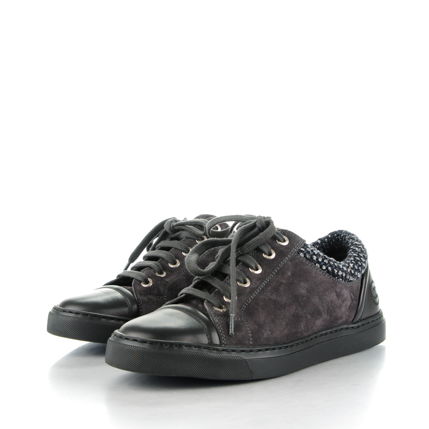 Chanel Suede Calfskin Tweed Low Top Sneakers 37.5 Dark Grey 3 of 9