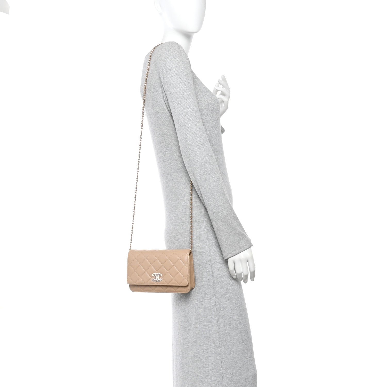 Chanel Caviar Quilted Crystal CC Wallet On Chain WOC Beige 2 of 13