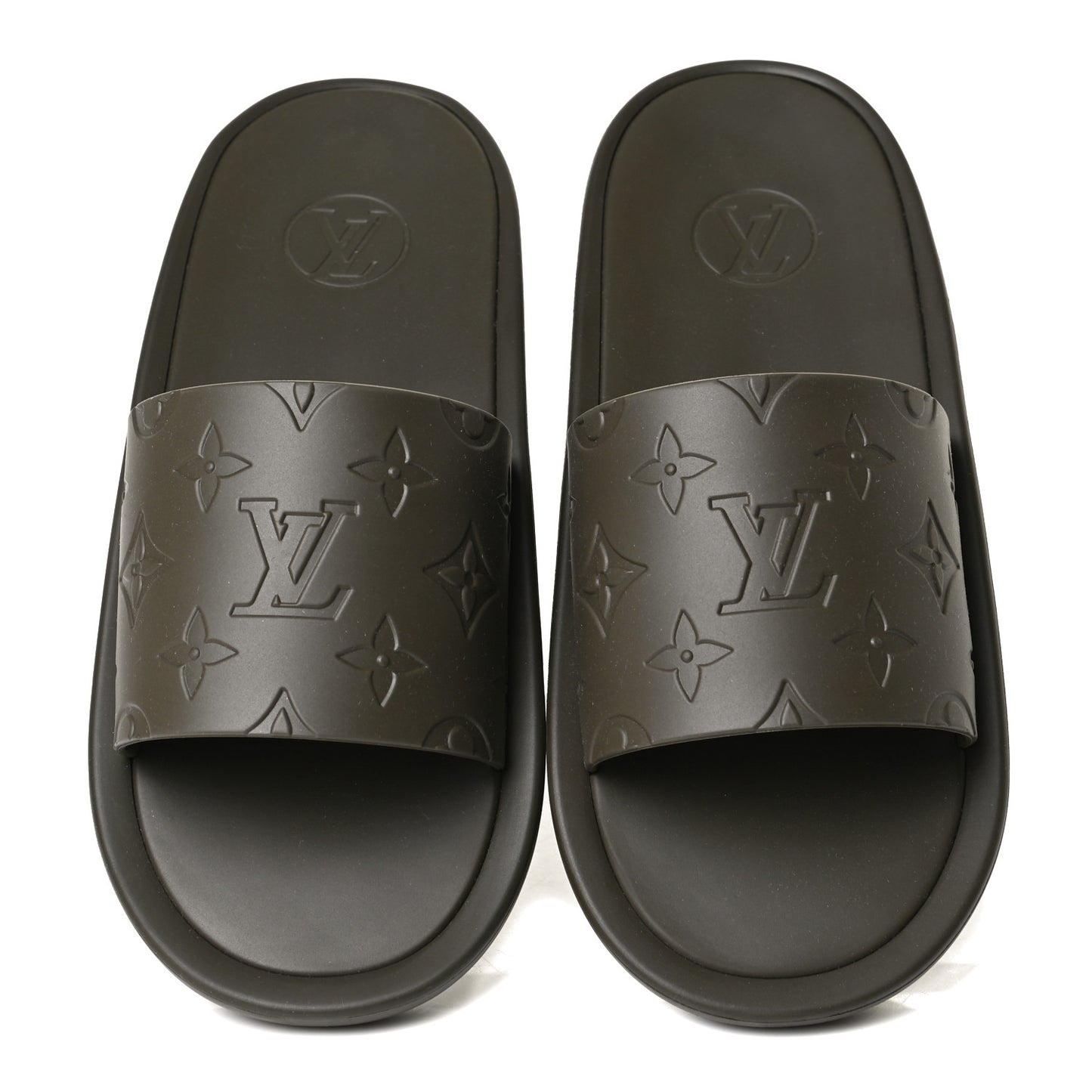Matte Rubber Monogram Embossed Sunbath Slide Sandals 38 Khaki