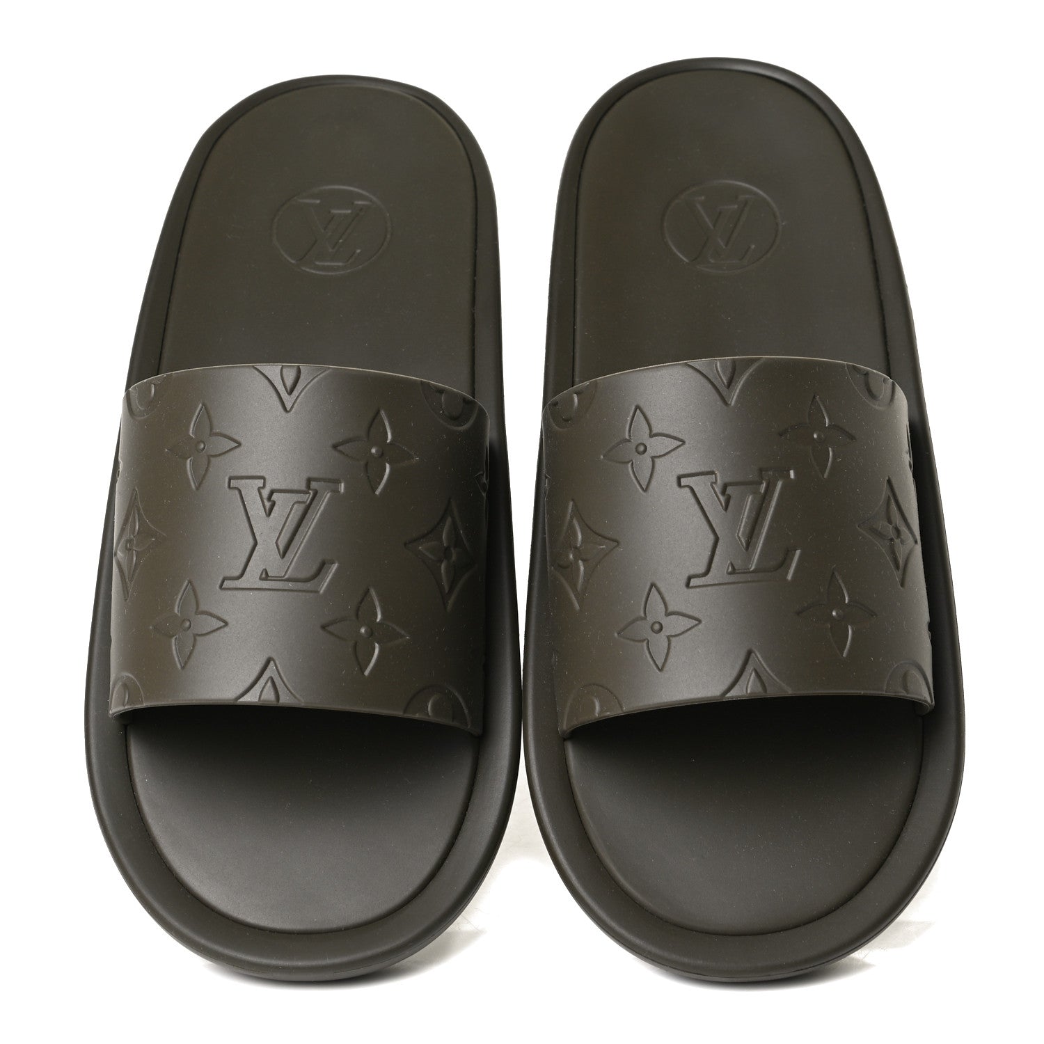 Louis Vuitton Matte Rubber Monogram Embossed Sunbath Slide Sandals 38 Khaki 5 of 11