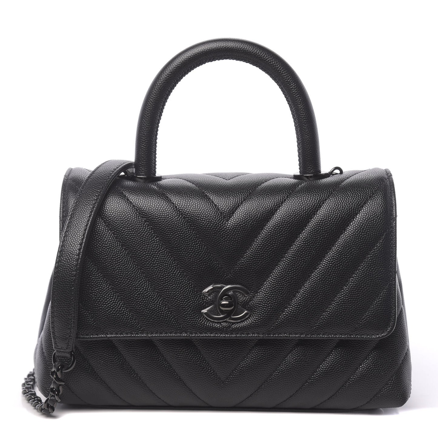 Caviar Chevron Quilted Mini Coco Handle Flap So Black