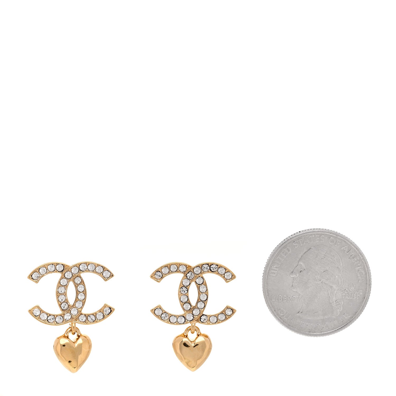 Chanel Metal Crystal CC Heart Drop Earrings Gold 3 of 5