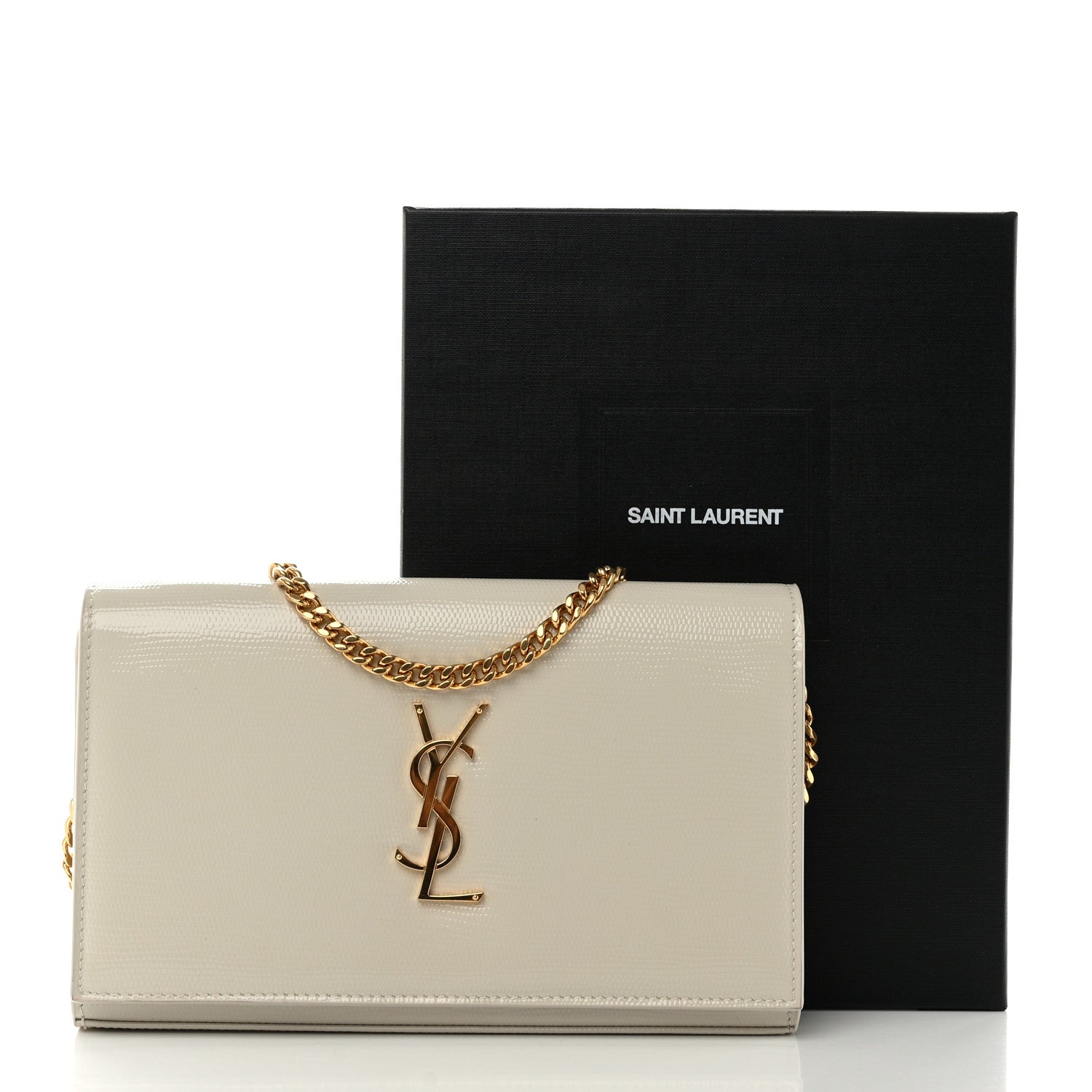 Saint Laurent Calfskin Lizard Embossed Cassandre Wallet On Chain WOC Crema Soft 12 of 12