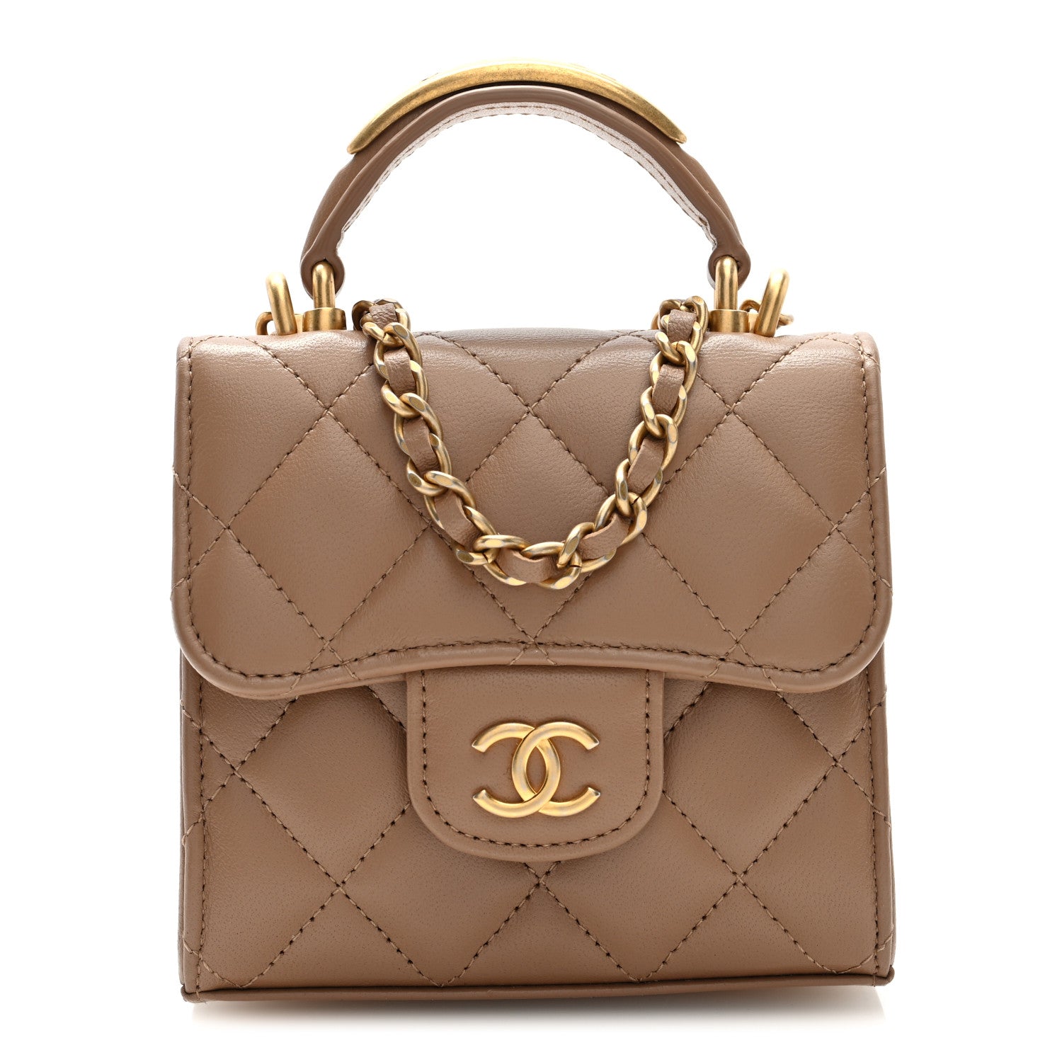 Chanel Lambskin Quilted Top Handle Flap Clutch With Chain Beige 1 of 12