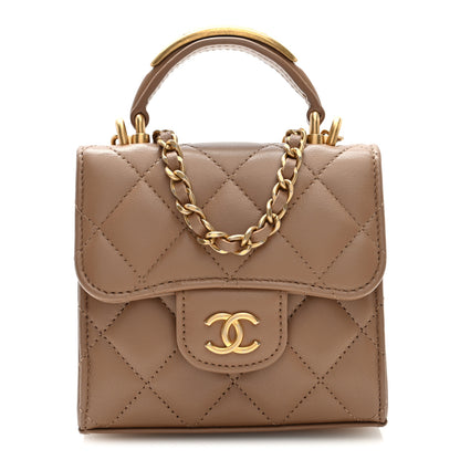 Chanel Lambskin Quilted Top Handle Flap Clutch With Chain Beige 1 of 12