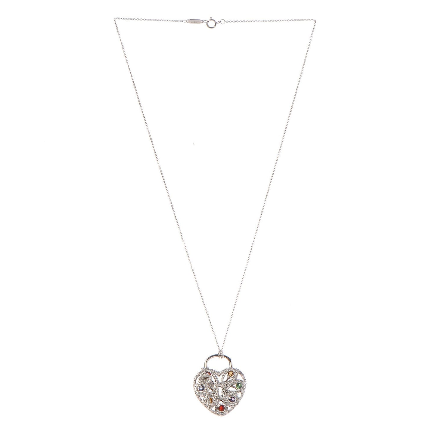 18K White Gold Diamond Multistone Filigree Heart Pendant Necklace
