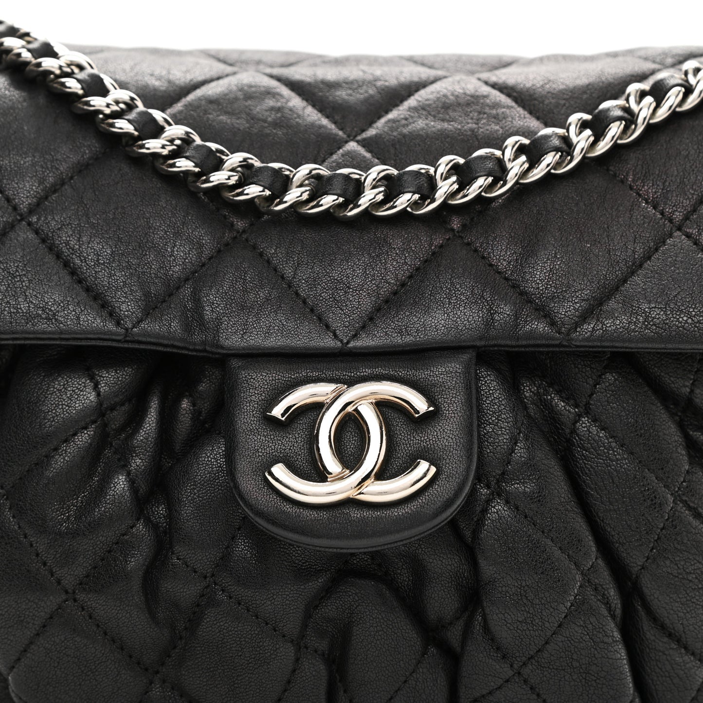 Washed Lambskin Quilted Chain Around Flap Black