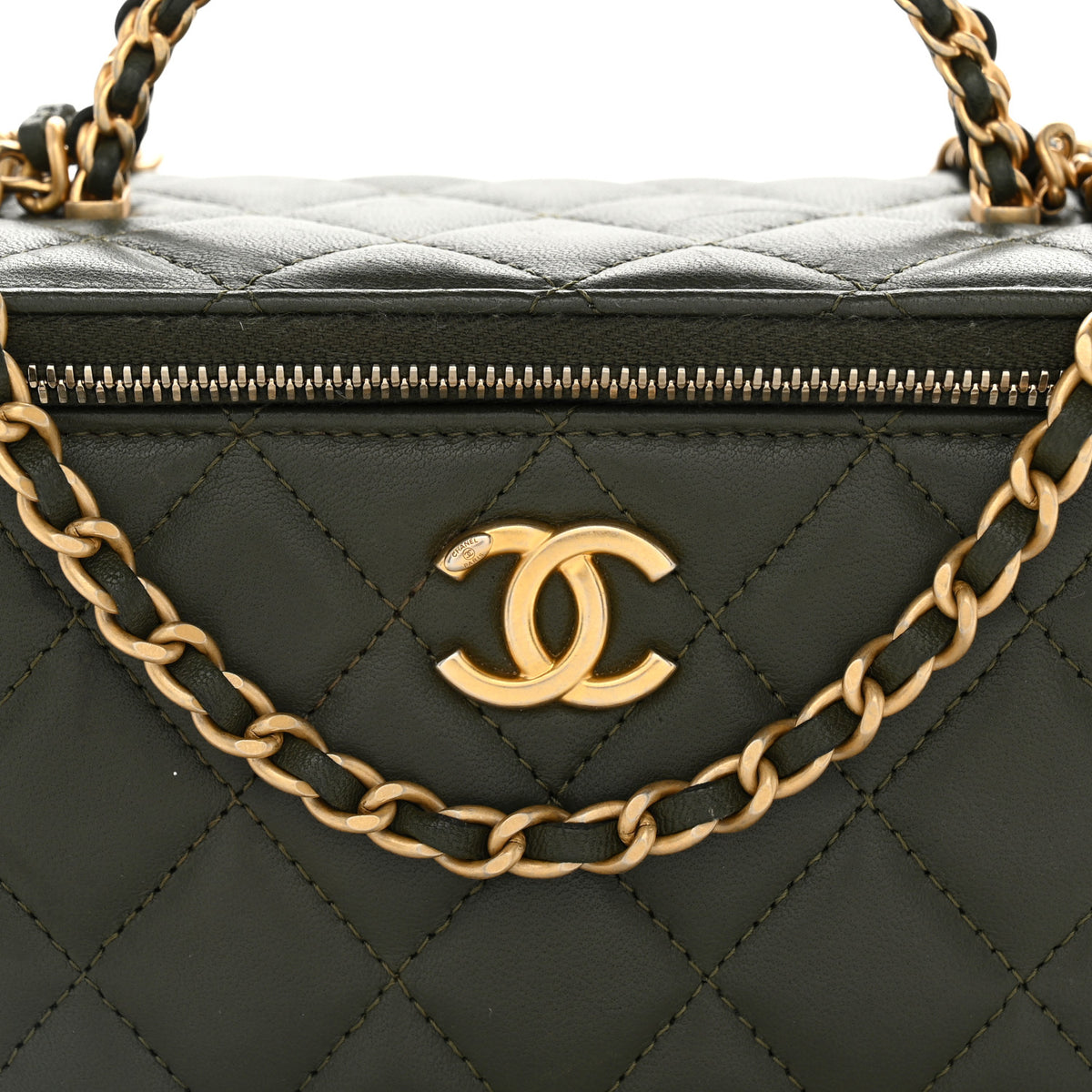 Lambskin Quilted Metal Small Top Handle Vanity Case With Chain Dark Khaki