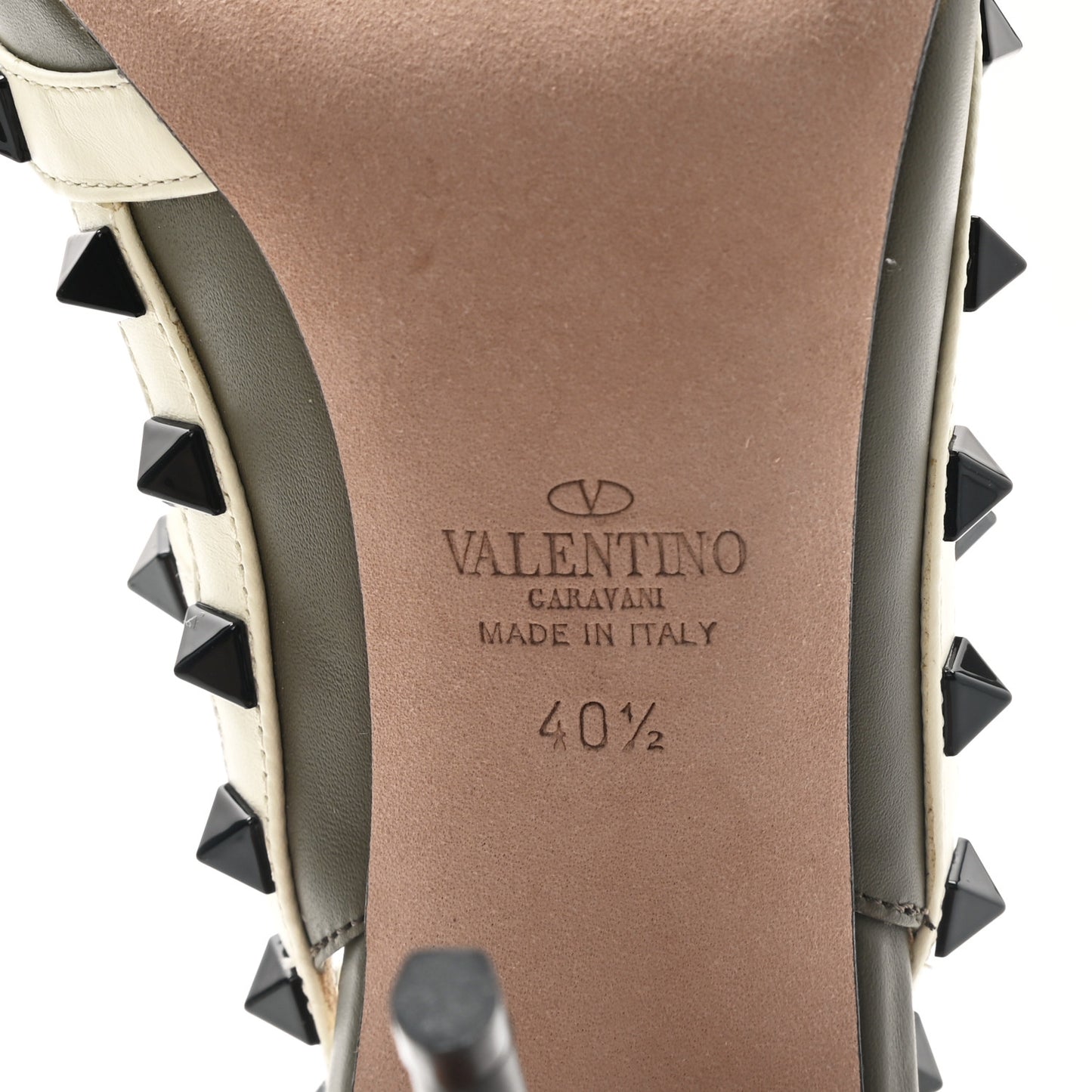 Nappa Rockstud Ankle Strap 100mm Pumps 40.5 Army Green Light Ivory
