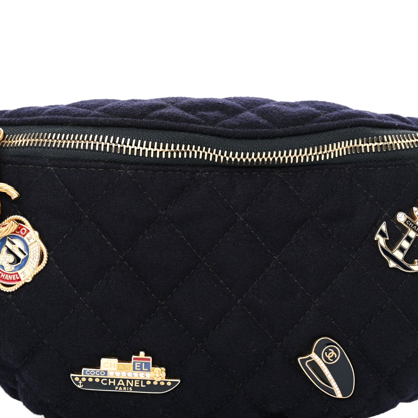 Wool Lambskin Quilted Paris Hamburg Charms Waist Bag Dark Navy