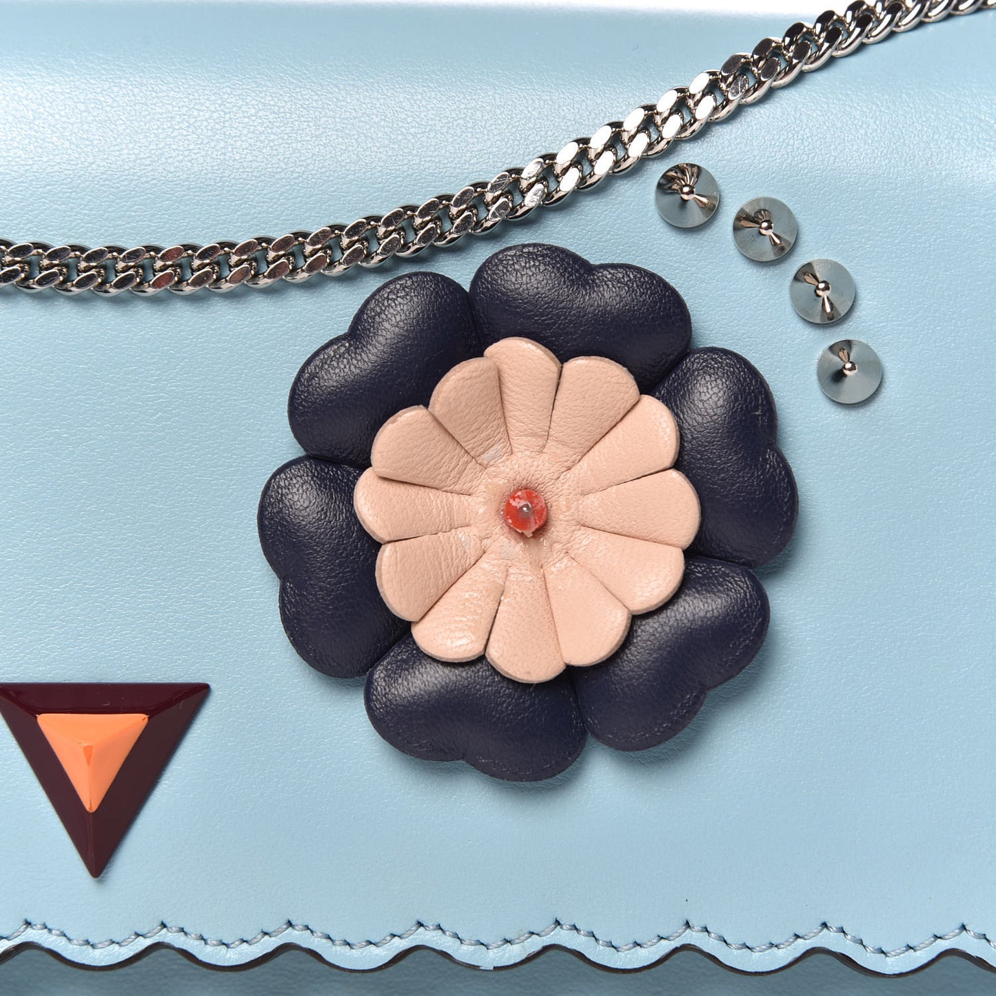 Vitello Century Lucido Nappa Hypnoteyes Scalloped Studded Tube Wallet on Chain Turchese Pallido Blueberry Multicolor
