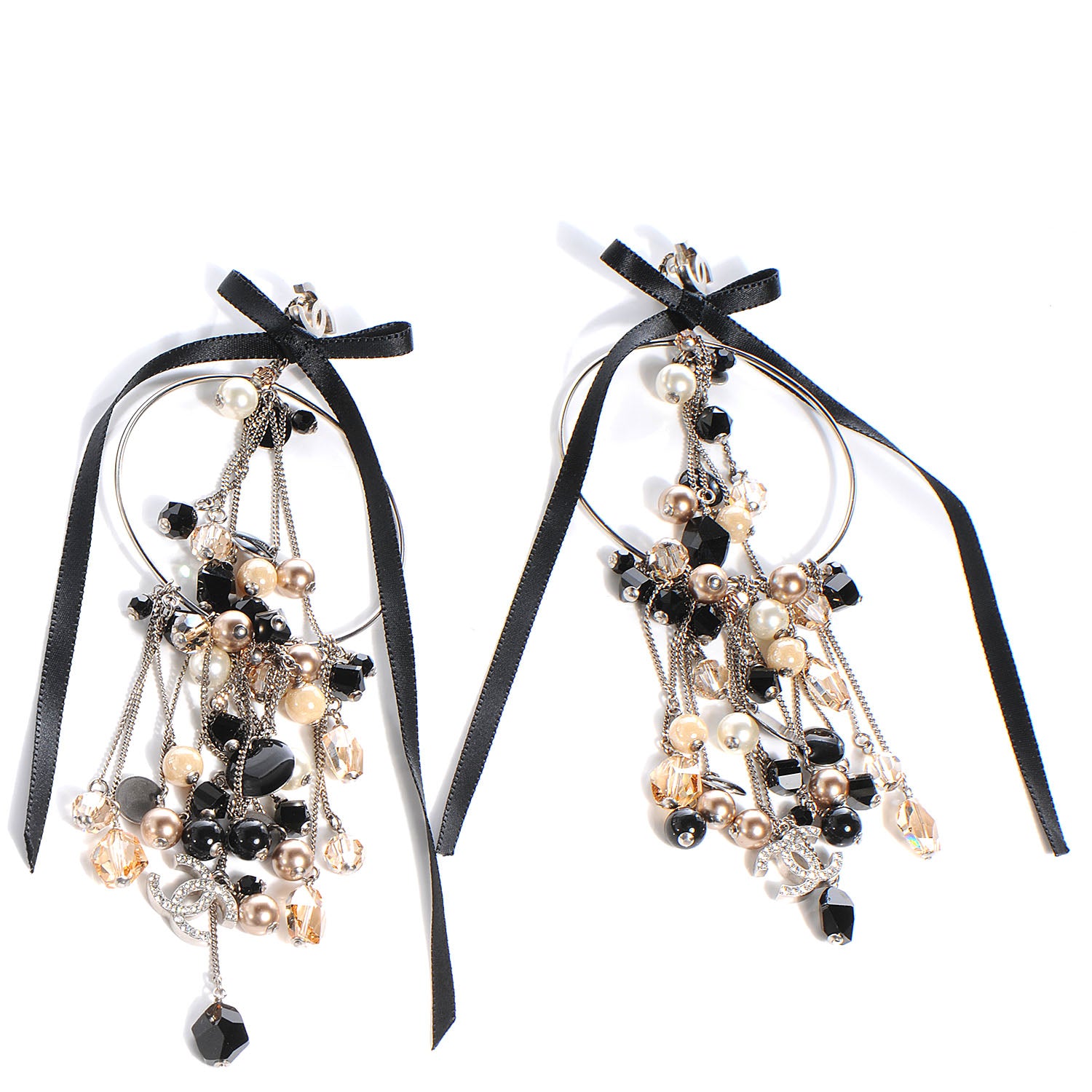 Chanel CC Pearl Hoop Ribbon Earrings Black White 1 of 6