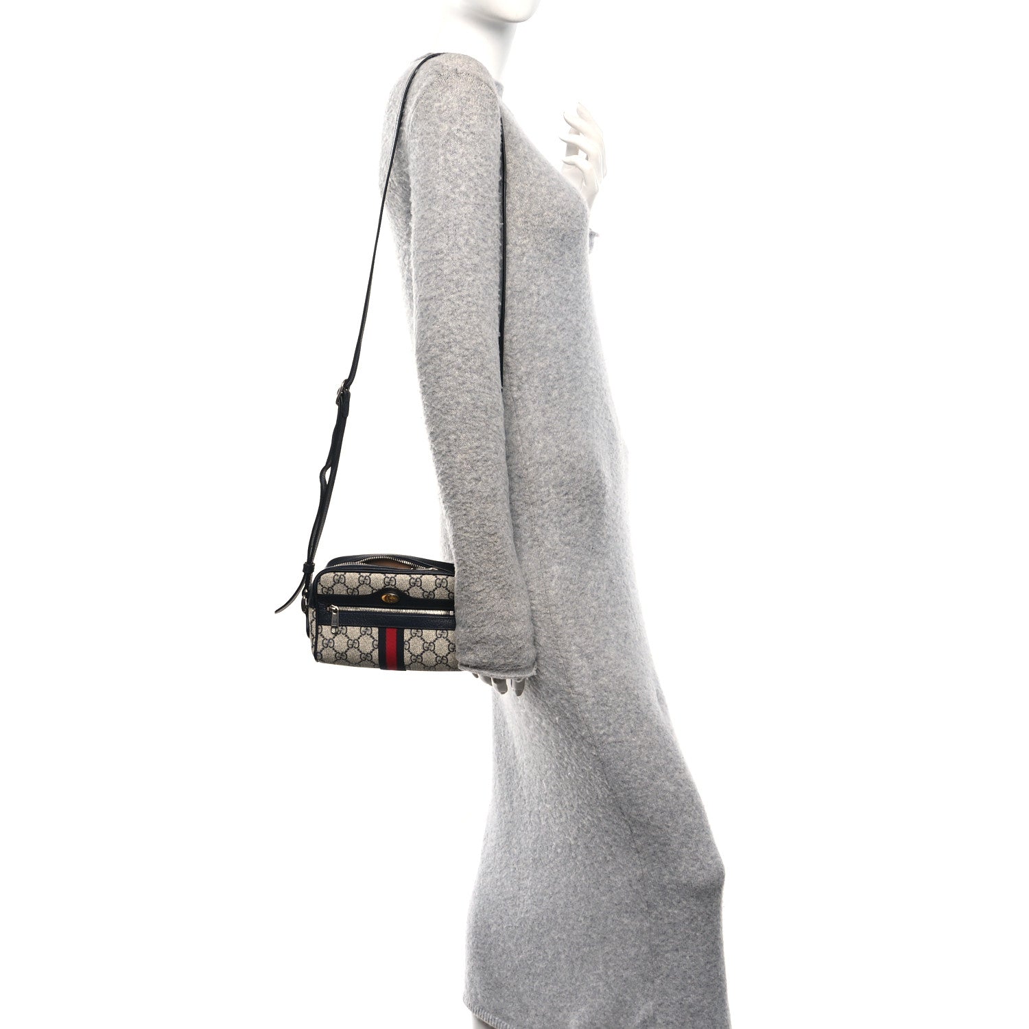 Gucci GG Supreme Monogram Textured Dollar Calfskin Web Mini Ophidia Shoulder Bag Beige Blue 2 of 11