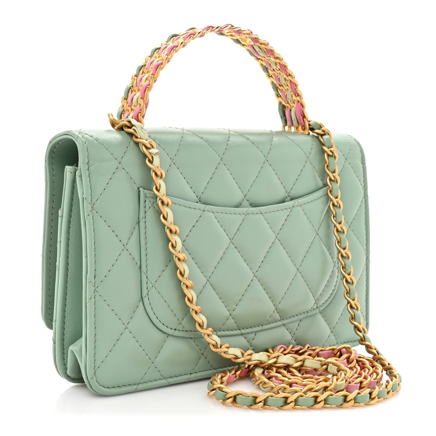 Shiny Calfskin Quilted Metal Top Handle Wallet On Chain WOC Light Green
