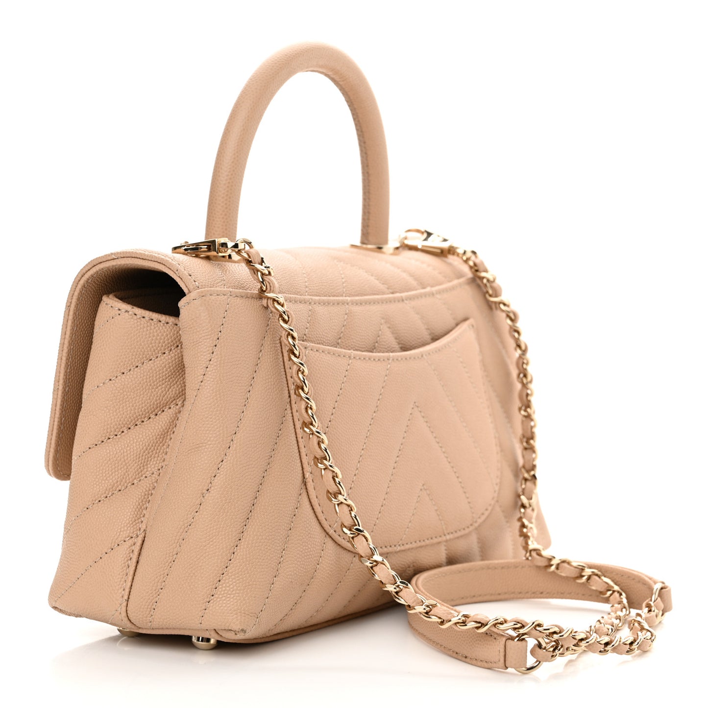 Caviar Chevron Quilted Mini Coco Handle Flap Beige