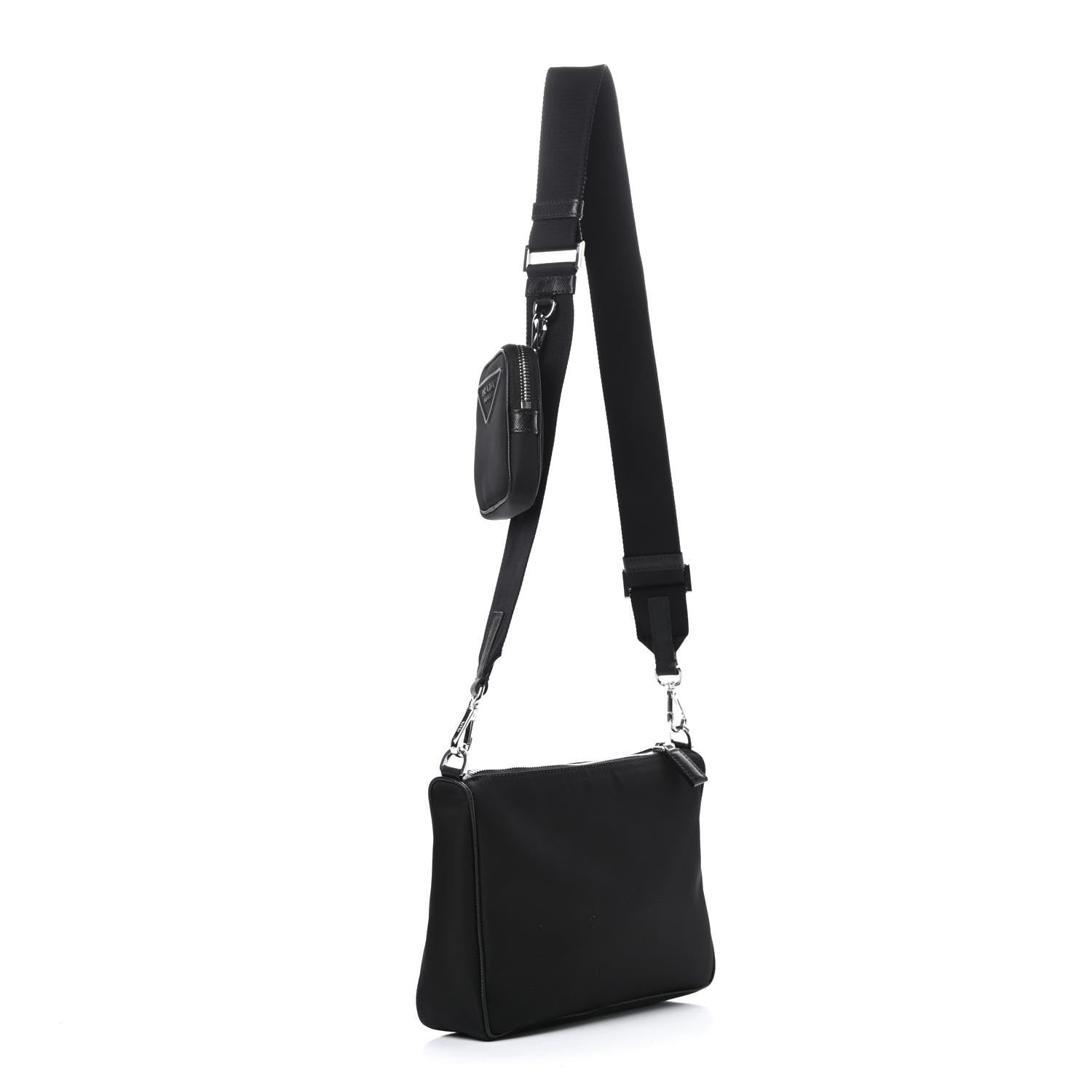 Prada Tessuto Nylon Saffiano Rubber Triangle Logo Pocket Zippered Shoulder Bag Black 3 of 11