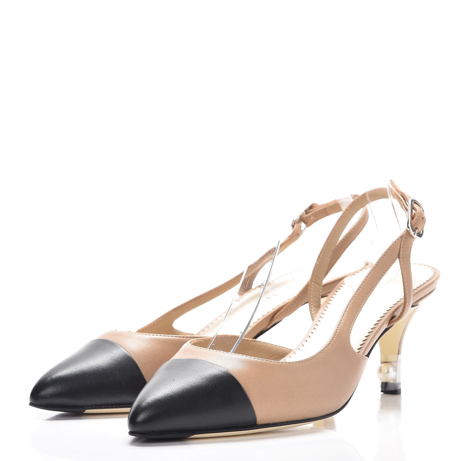 Chanel Lambskin Cap Toe CC Slingback Heels 36 Beige Black 3 of 9