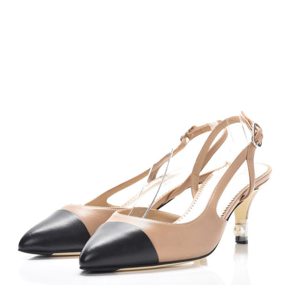 Chanel Lambskin Cap Toe CC Slingback Heels 36 Beige Black 3 of 9