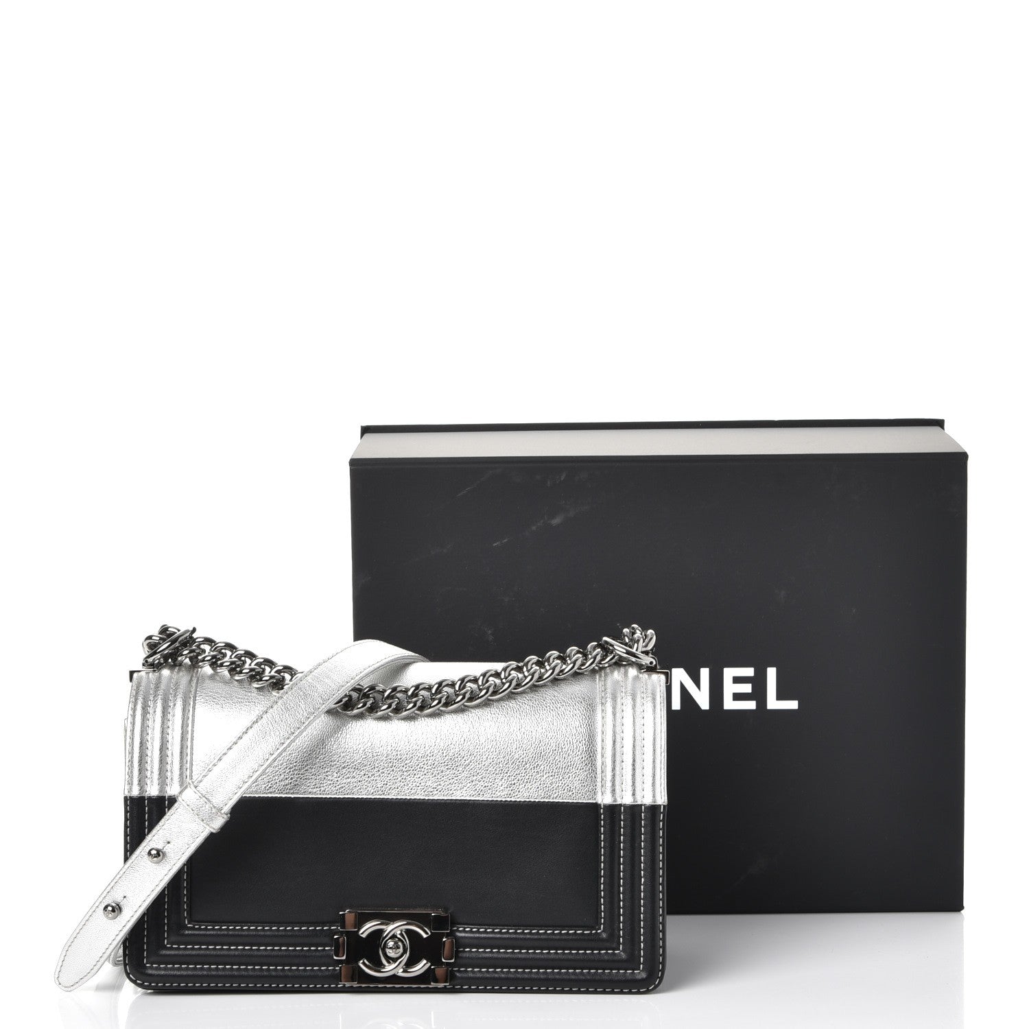 Chanel Metallic Goatskin Calfskin Medium Boy Flap Silver Black 9 of 9