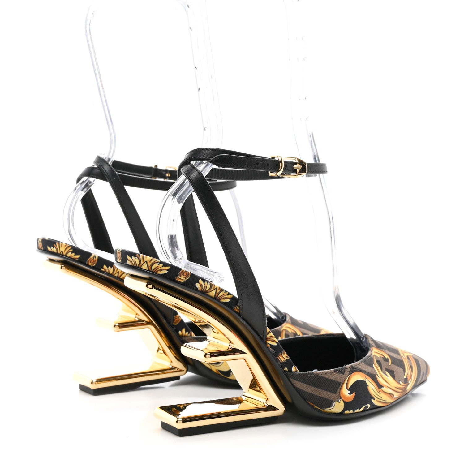 Fendi X VERSACE Silk Calfskin Fendace Fendi First 95mm Slingback Sandals 36 Tobacco Black Gold 4 of 9