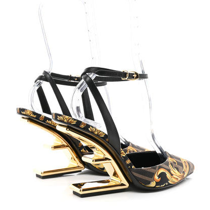 Fendi X VERSACE Silk Calfskin Fendace Fendi First 95mm Slingback Sandals 36 Tobacco Black Gold 4 of 9