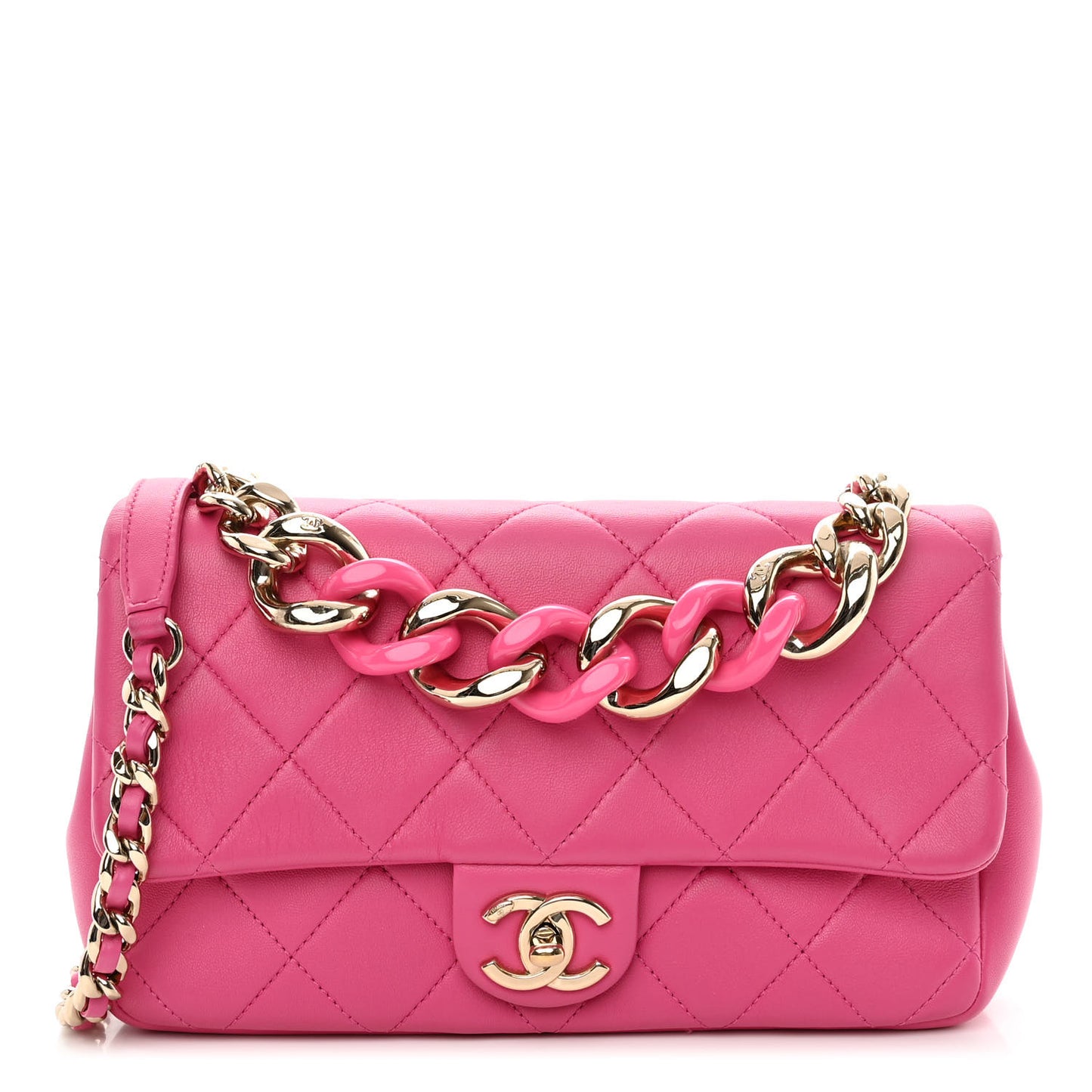 Lambskin Quilted Resin Bi-Color Chain Flap Bag Pink