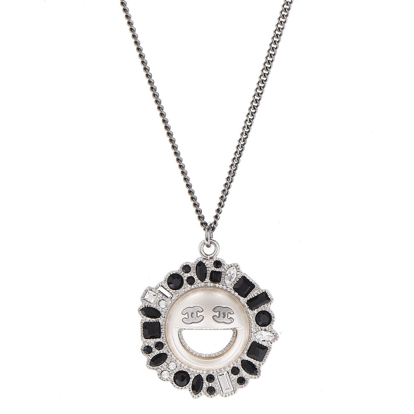Crystal CC Smiley Emoji Pendant Necklace Silver Black