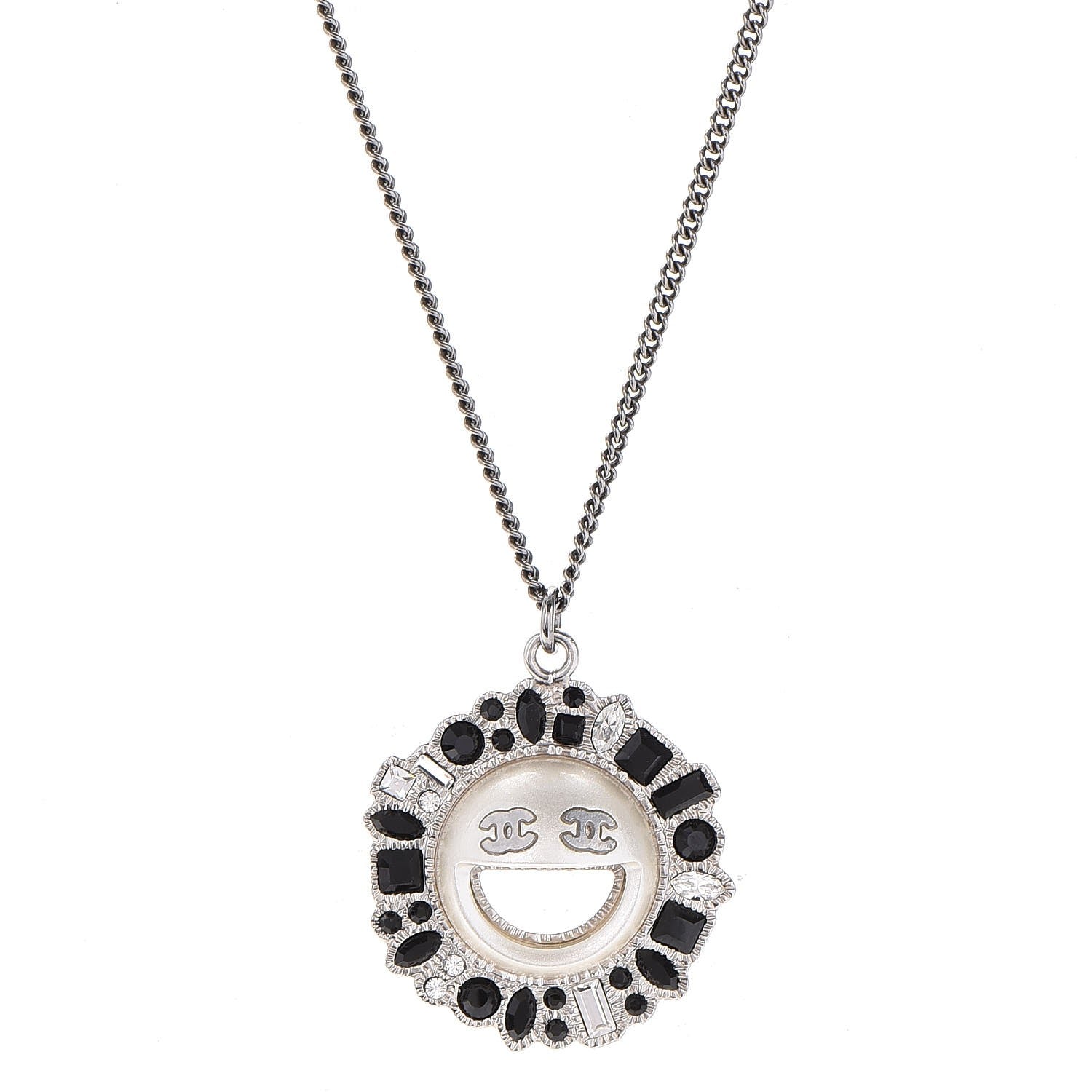 Chanel Crystal CC Smiley Emoji Pendant Necklace Silver Black 1 of 6