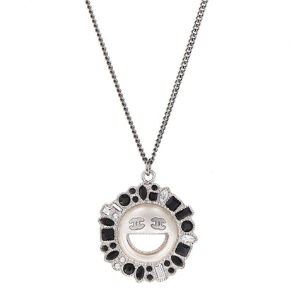 Chanel Crystal CC Smiley Emoji Pendant Necklace Silver Black 1 of 6