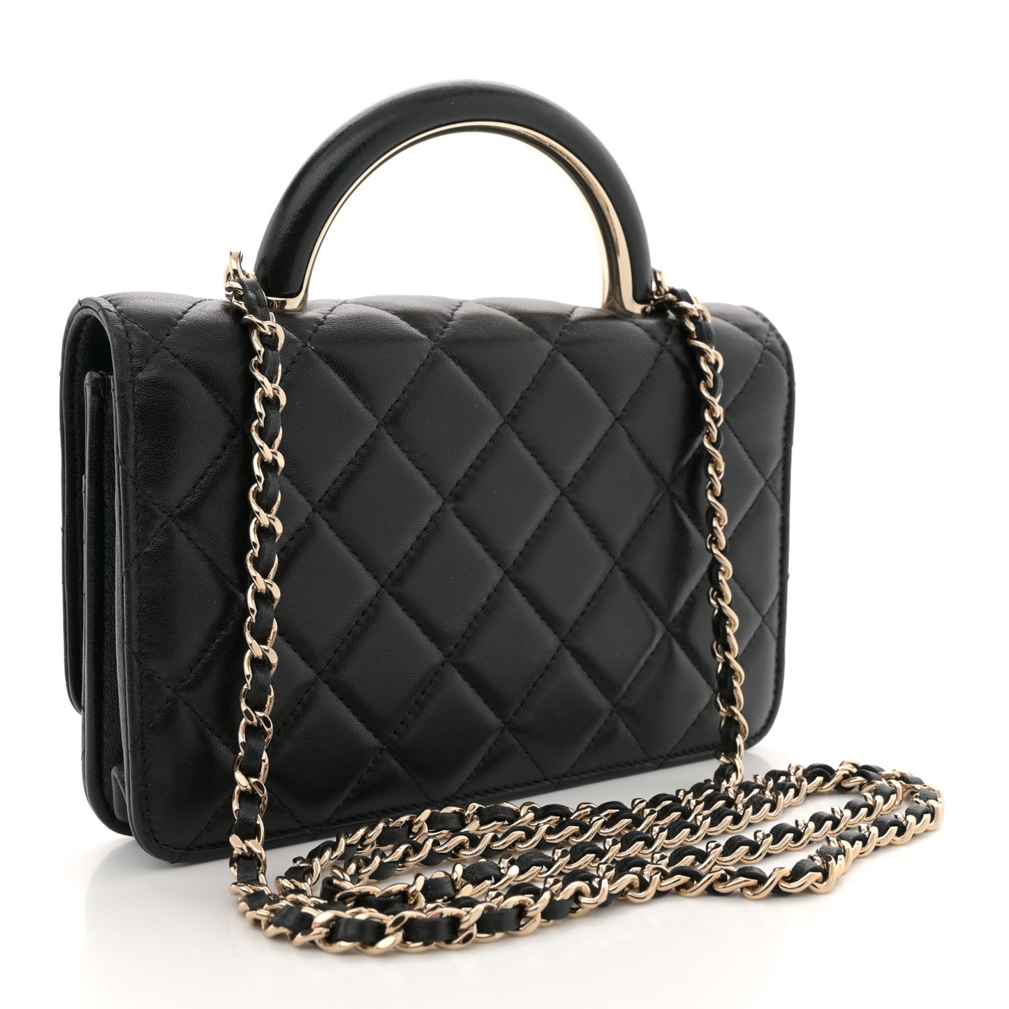 Lambskin Quilted Top Handle Wallet On Chain WOC Black