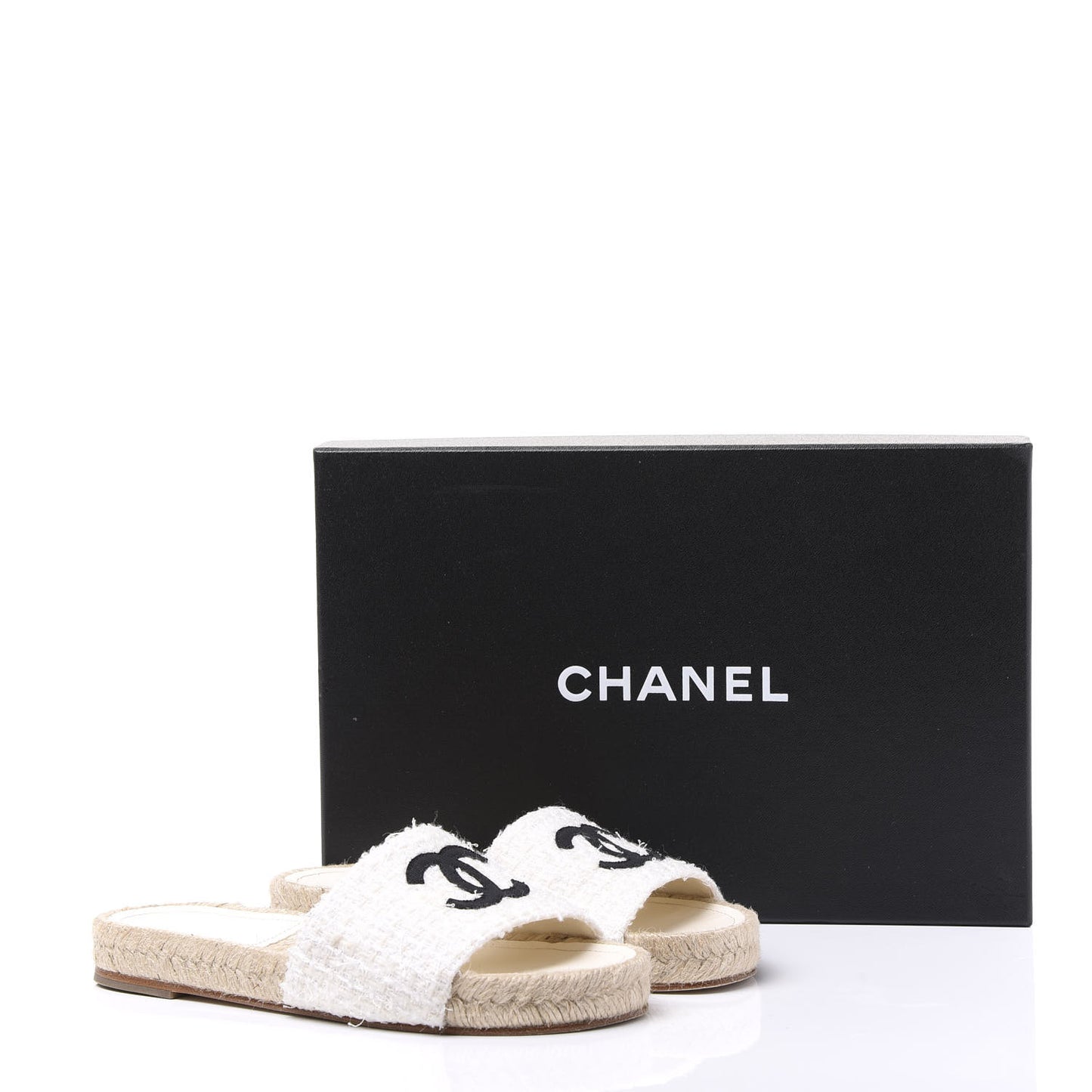 Tweed Grosgrain CC Mule Slide 35 White Black