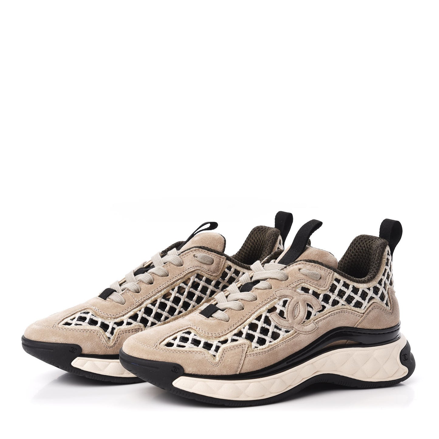 Suede Calfskin Embroidered CC Sneakers 36.5 Beige Black