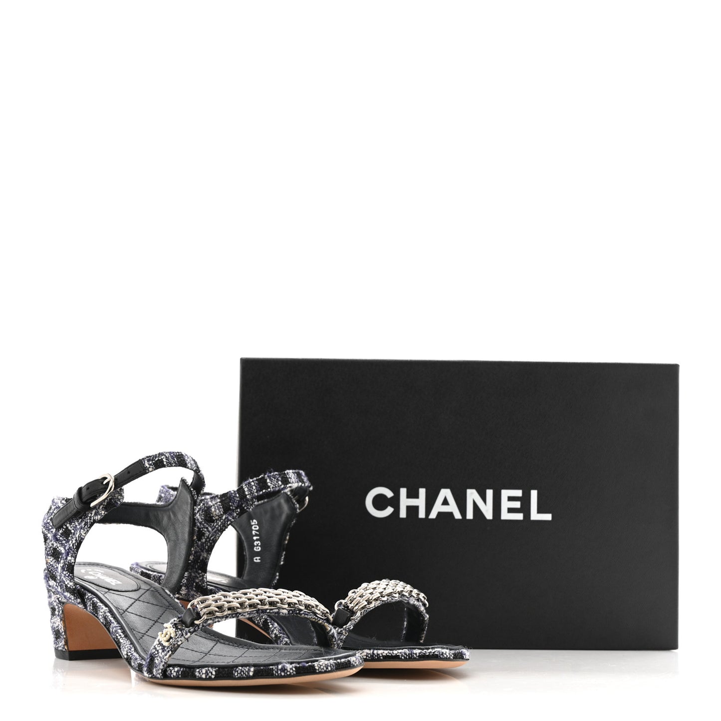 Tweed CC Chain Sandals 39 Navy Black