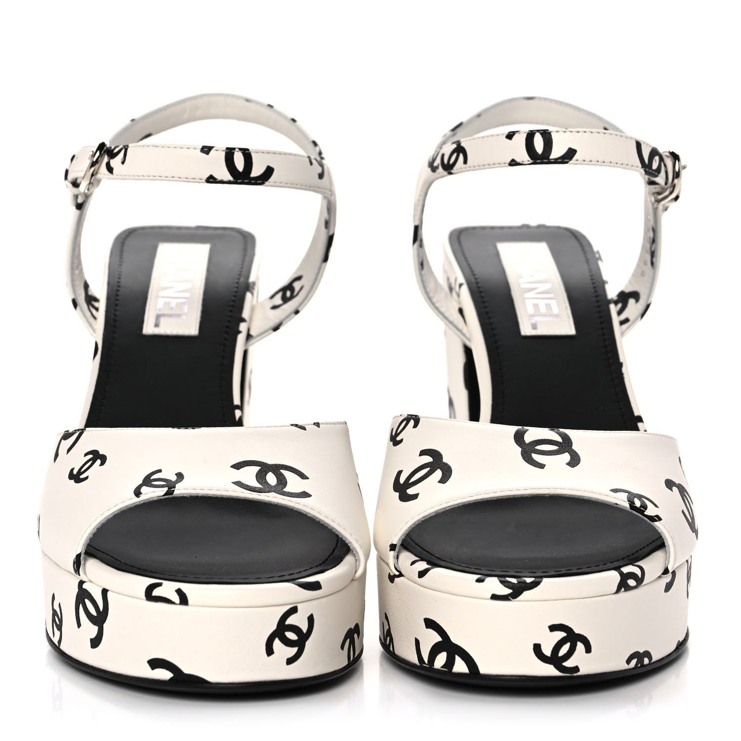 Printed Lambskin CC Platform Sandals 41 White Black
