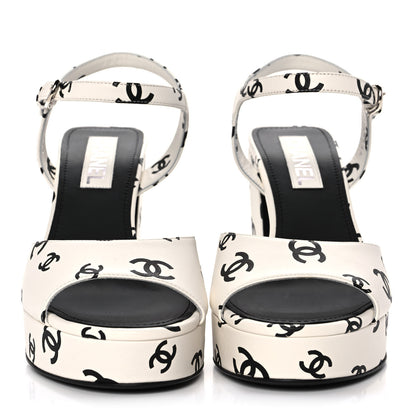 Chanel Printed Lambskin CC Platform Sandals 41 White Black 2 of 9