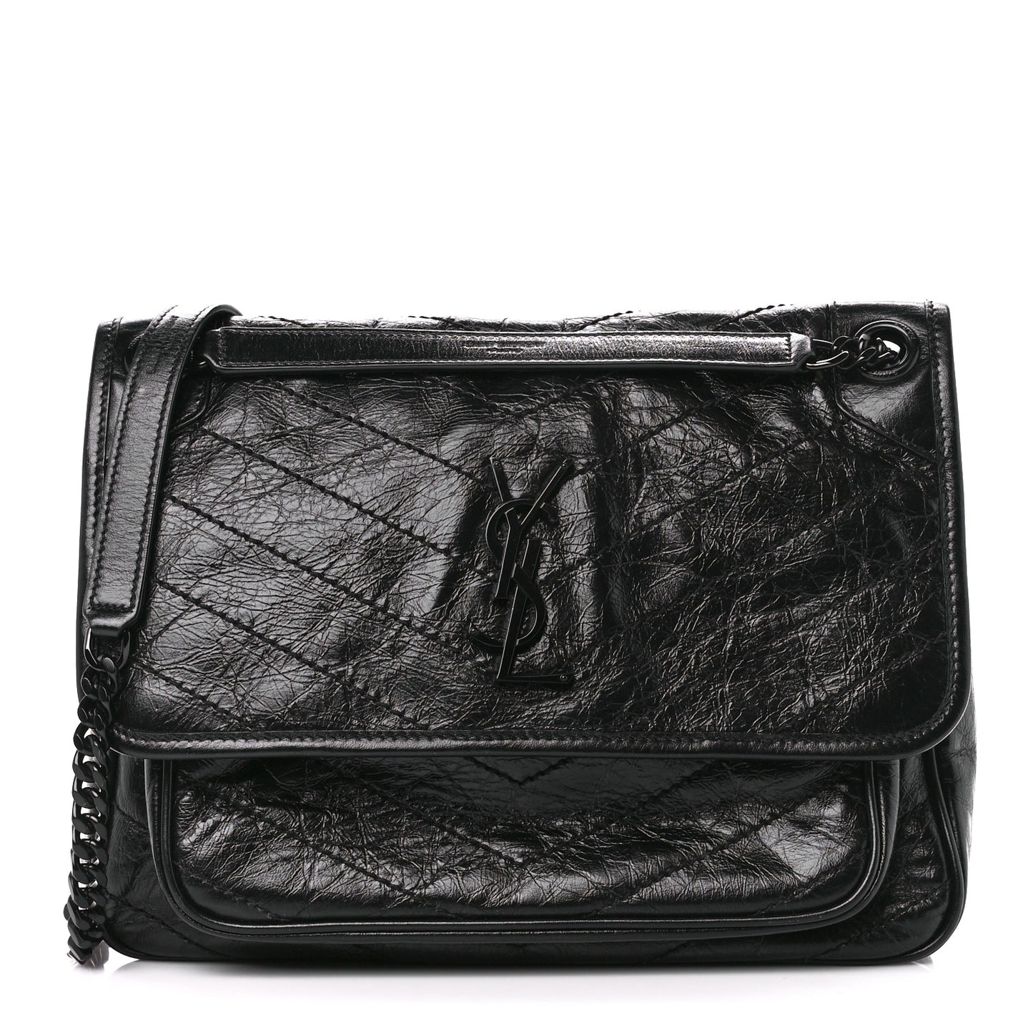 Crinkled Calfskin Matelasse Monogram Medium Niki Chain Satchel Black
