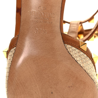 Valentino Garavani Raffia Calfskin Rockstud Ankle Strap 65mm Pumps 37.5 Natural Saddle Brown 6 of 6