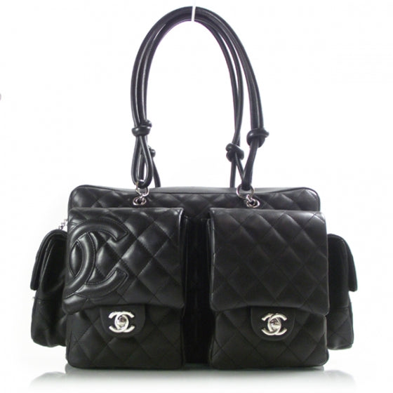 Calfskin Quilted Large Cambon Multipocket Reporter Black