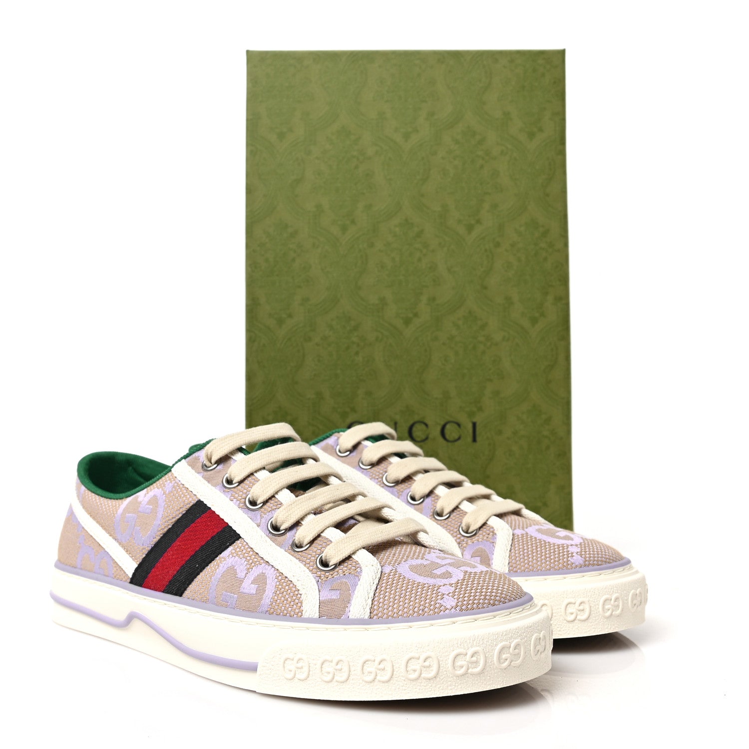 Gucci Monogram Jumbo GG Web Womens 1977 Tennis Sneakers 39 Beige Lapis Mystic White 8 of 8
