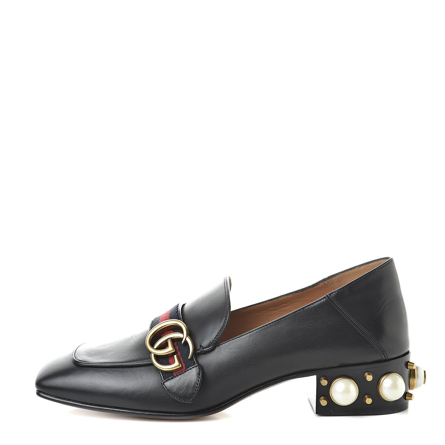 Gucci Betis Glamour Calfskin Web Pearl Embellished Peyton 35mm Loafer Pumps 39 Black 1 of 10