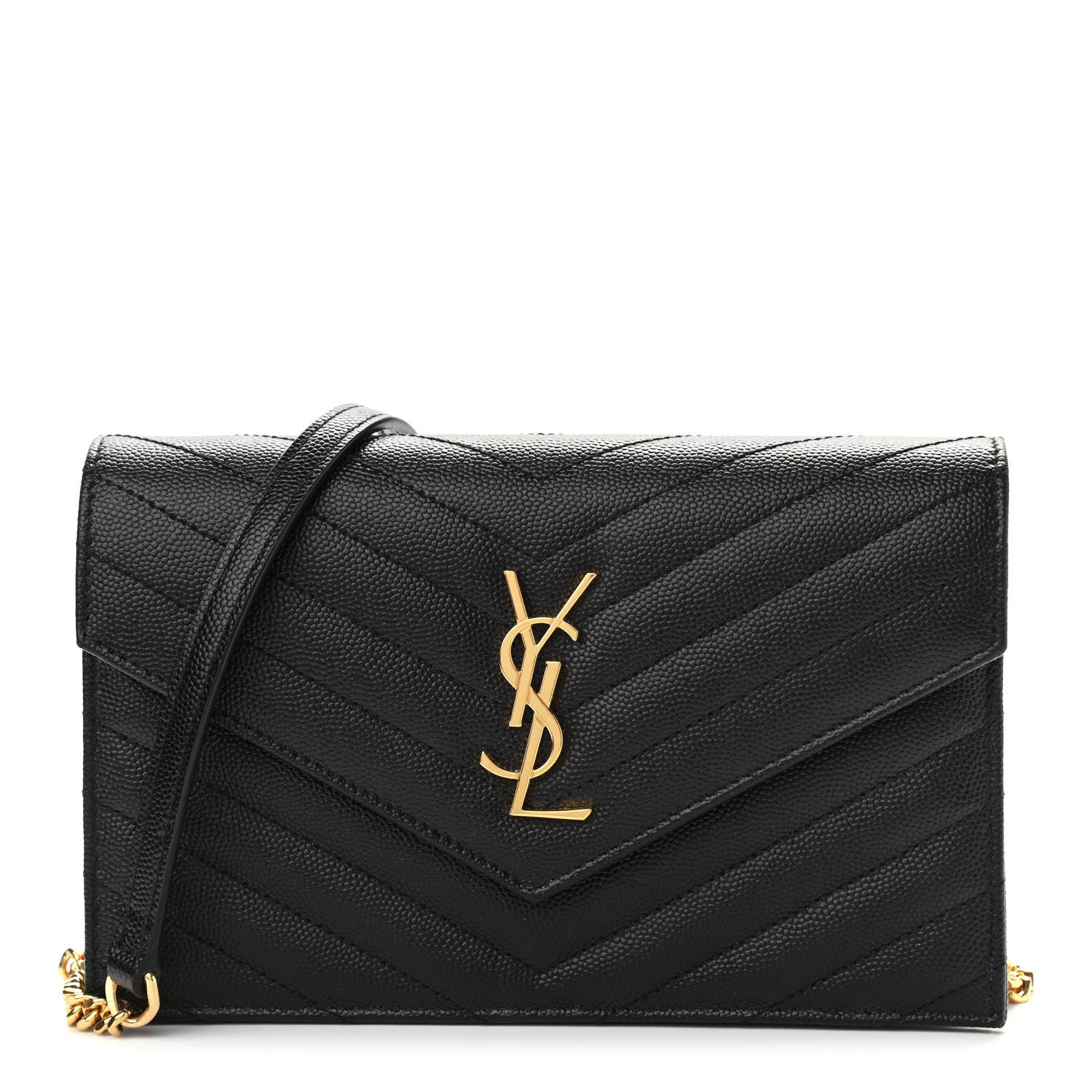 Saint Laurent Grain De Poudre Matelasse Chevron Monogram Envelope Chain Wallet Black 1 of 10