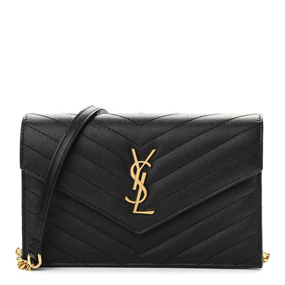 Saint Laurent Grain De Poudre Matelasse Chevron Monogram Envelope Chain Wallet Black 1 of 10