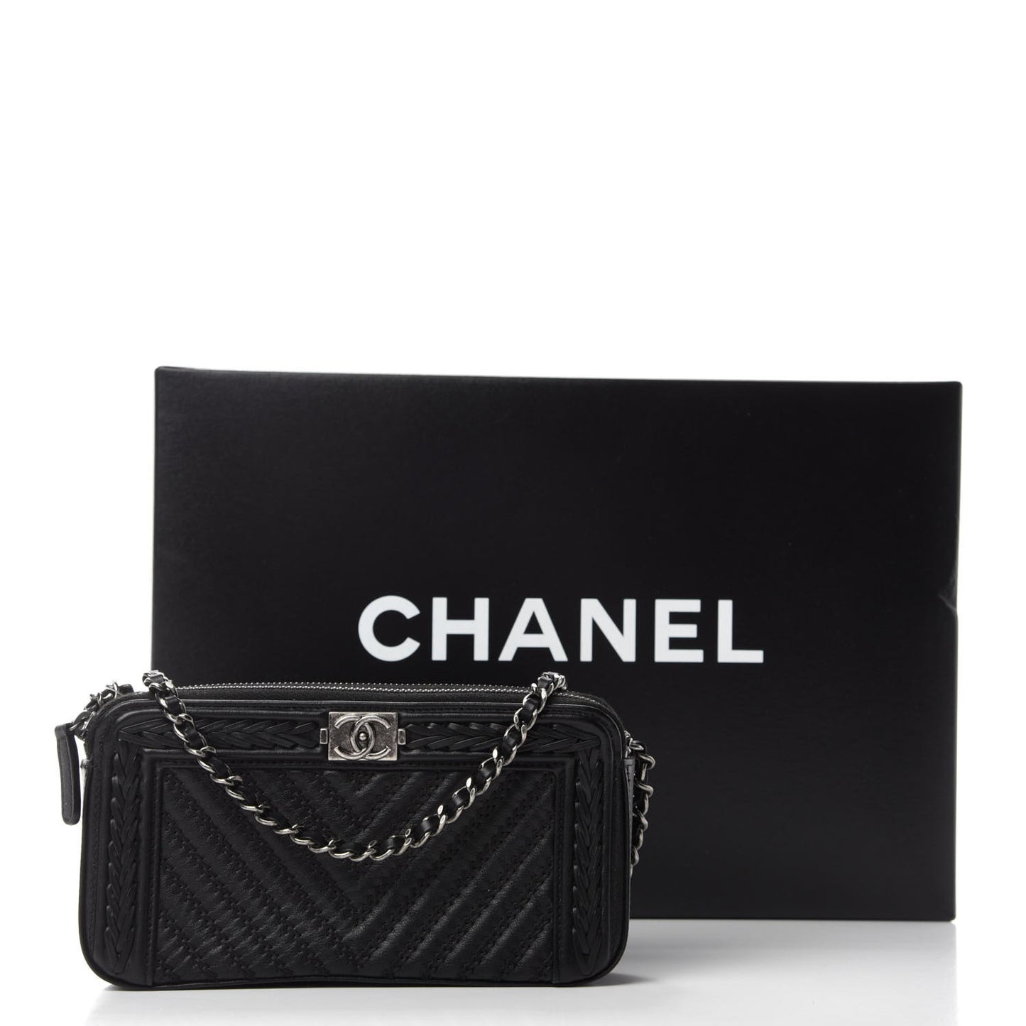 Calfskin Braided Chevron Quilted Small Boy Clutch With Chain Black