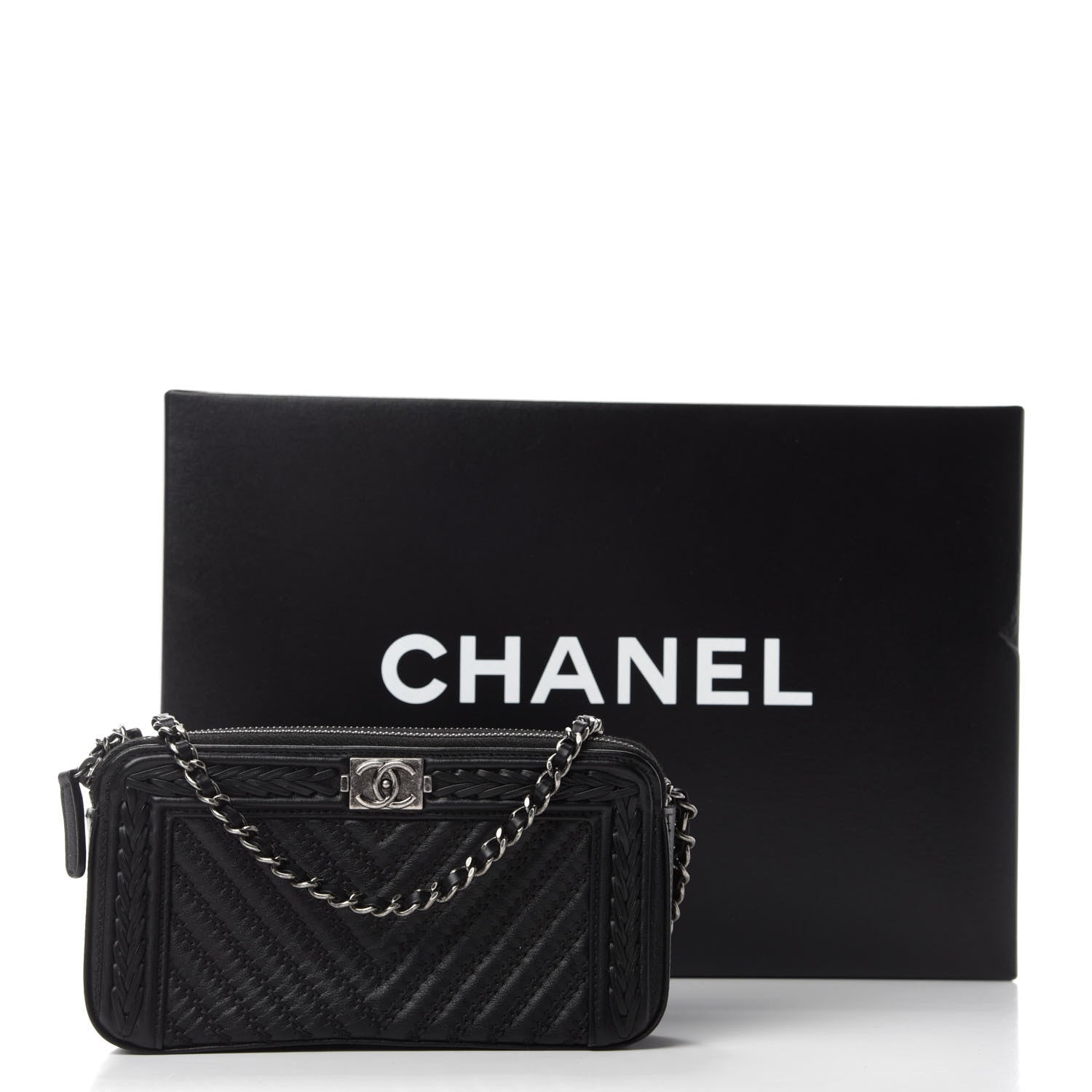 Chanel Calfskin Braided Chevron Quilted Small Boy Clutch With Chain Black 12 of 12