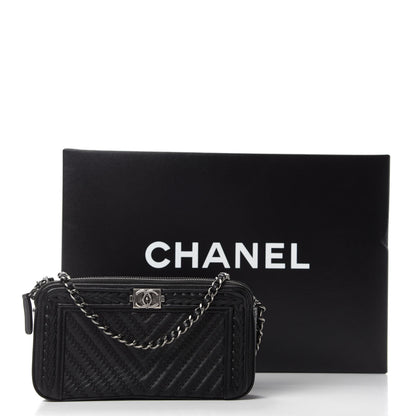 Chanel Calfskin Braided Chevron Quilted Small Boy Clutch With Chain Black 12 of 12