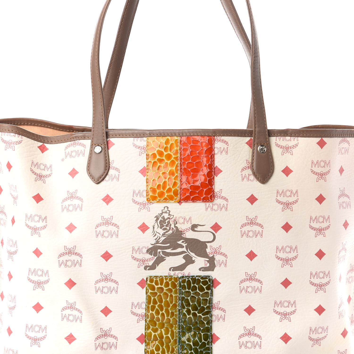 MCM Visetos Striped Munich Lion Tote White 7 of 9