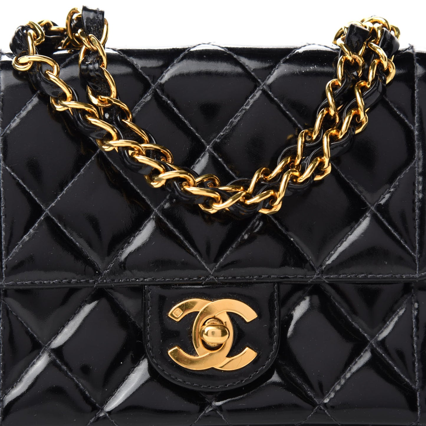 Patent Calfskin Quilted Mini Square Flap Black